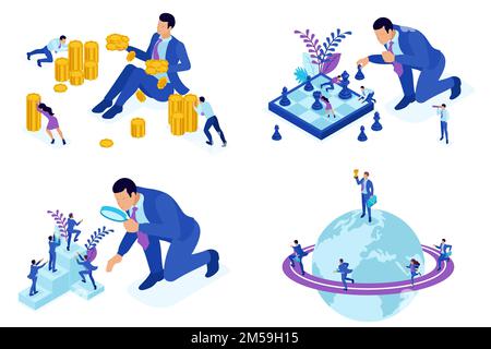 Isometric concepts of career growth, promotion, earning money. For website and mobile application design. Stock Vector