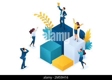Isometric successful leader on the podium with a prize, the team enjoys success. Concept for web design. Stock Vector
