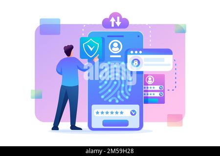 Young man with mobile phone, data protection, biometric lock. Flat 2D character. Concept for web design. Stock Vector