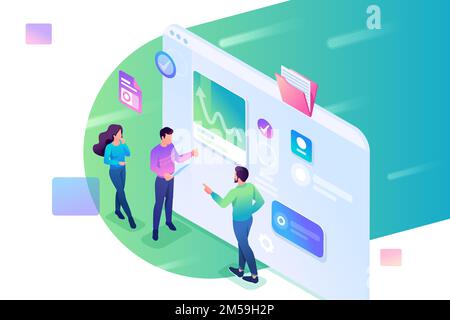 Isometric young people stand and analyze the data on the tablet screen . Concept for web design. Stock Vector