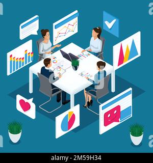 Isometry is the concept of discussing business and business, brainstorming, graphics and diagrams. Characters at the table in a meeting. Stock Vector