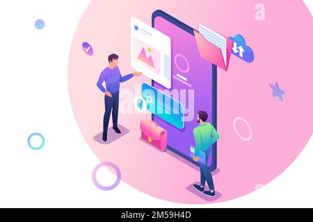 Isometric young men standing near the mobile phone screen, the use of mobile application. Concept for web design. Stock Vector