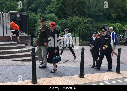 The historic town of Ironbridge got a reminder of the 1940s this weekend when world war two re-enactors from all over the Uk attended the charity even Stock Photo