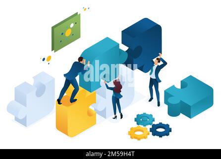 Isometric business joint project of a big team, teamwork, brainstorming. Concept for web design. Stock Vector