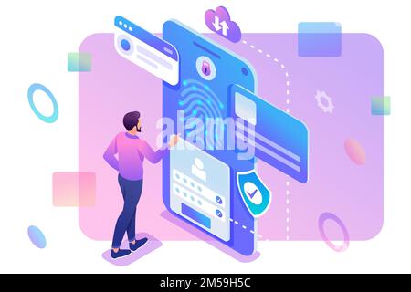 Isometric young man with mobile phone, data protection, biometric lock. Concept for web design. Stock Vector