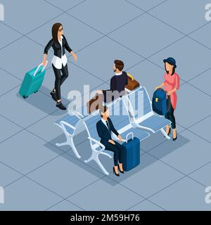 Trendy People Isometric vector 3D businessman, business woman, young woman, at the airport, waiting room, shops, luggage, travel, vacation, passengers Stock Vector