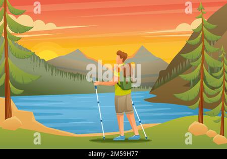Young man admires the beauty of nature on the lake. Beautiful nature. Camping. Flat 2D characters. Stock Vector