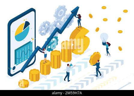 Isometric Managing online investing, investors analyze the market. Concept for web design. Stock Vector