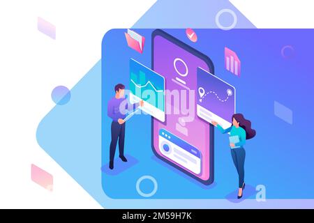 Isometric young people stand near the mobile phone screen, testing the program and mobile application. Concept for web design. Stock Vector