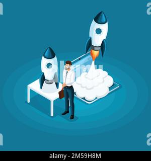 Isometric businessman stands with ico startup project rocket launch into the sky, the concept of business development. Stock Vector