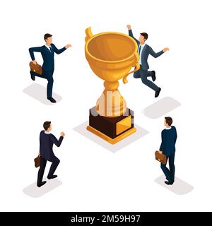 Trendy isometric people, 3d businessmen, movement running, fast step, rush prize cup, get trophy, young entrepreneurs with briefcase isolated on white Stock Vector