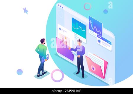 Isometric collecting and sending data for the report, young entrepreneurs discuss the data on the screen. Concept for web design. Stock Vector