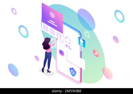 Isometric young girl with mobile phone, filling in the profile of the mobile account. Concept for web design. Stock Vector