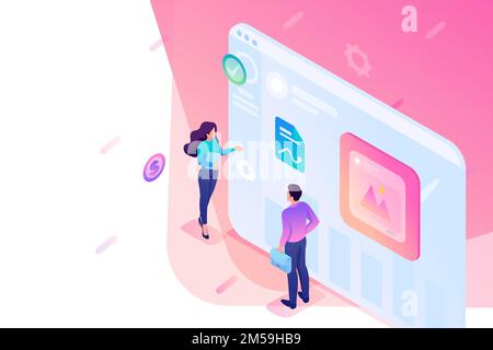 Isometric young people stand at the screen, creating presentations and web design. Concept for web design. Stock Vector