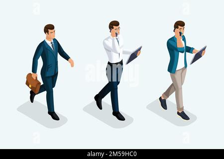 Isometric businessmen are coming forward, front view, emotions, business negotiations on the phone. The emotional gestures of the people. Stock Vector