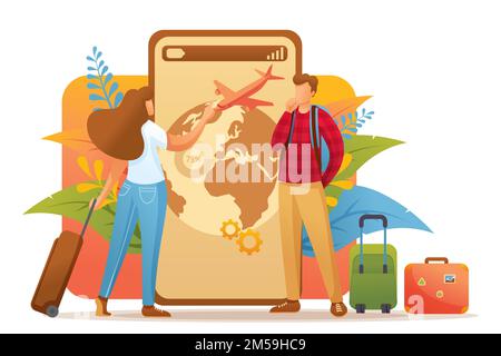 Young people plan their trip on vacation, choose the direction. Flat 2D character. Concept for web design. Stock Vector