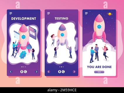 Isometric Template app Bright concept start up a new business by young entrepreneurs, smartphone apps. Stock Vector