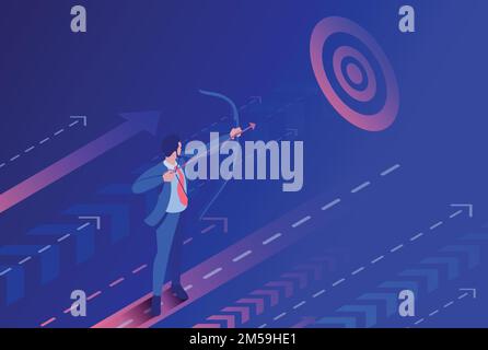 Isometric Businessman aiming at the target, Business concept. Concept for web design. Stock Vector