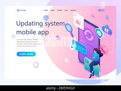 Isometric concept Update the mobile application system, the girl updates the system on her smartphone. For advertising concepts and web design. Stock Vector