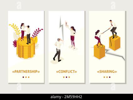 Isometric Template app concept conflict of partners and disagreements in business, smartphone apps. Stock Vector