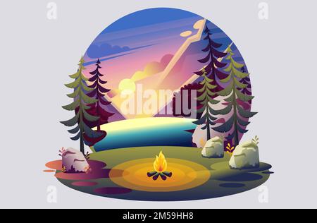 Bright illustration of a campsite, a fire on the background of the sunset on the lake. Flat 2D character. Concept for web design. Stock Vector