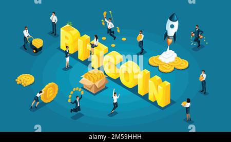 Isometric icon with ico blockchain concept, cryptocurrency mining, startup project vector illustration. Stock Vector