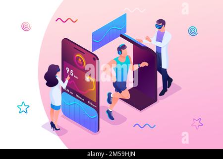 Isometric concept Scientists are testing a mobile app to track an athlete's workout. The athlete runs in training. Concept for web design. Stock Vector