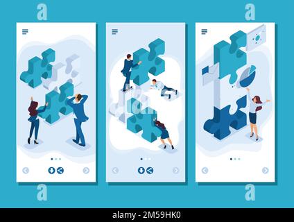Isometric Template app young entrepreneurs team working on the creation of the project, smartphone apps. Stock Vector