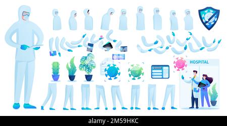 Constructor for creating a doctor in protective suit N 4. Create your own doctor to fight the epidemic. Flat 2D vector illustration. Stock Vector