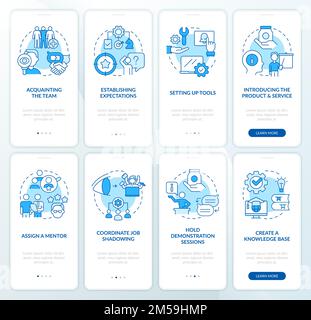 Employees trainings blue onboarding mobile app screens set Stock Vector