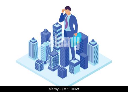 Isometric Bright site concept Big businessman looks down at the city, the concept of power. Concept for web design. Stock Vector