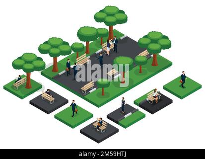 Trendy People Isometric vector 3D businessmen and business woman icons to create your own urban park benches, fresh air, business communication isolat Stock Vector
