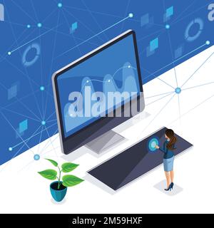 Isometric woman, a stylish business lady manages a virtual screen, a plasma panel, an intelligent woman uses high tech technology. Stock Vector