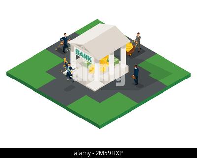 Trendy Isometric objects, 3d bank icon, pile of cash, gold coins, dololar bills, businessmen receive loans, deposits, money for business development a Stock Vector