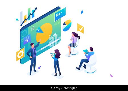 Business coach trains employees of the company. Concept training at work, professional development. 3D isometric. Concept for web design. Stock Vector