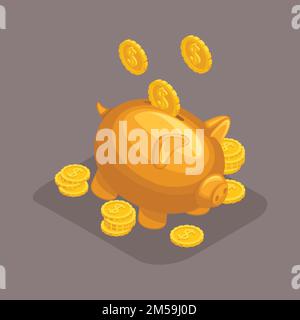 Trendy isometric objects, 3d moneybox, bank deposit concept, golden pig, gold coins falling from the sky isolated on a dark background. Stock Vector