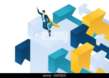 Isometric aiming for the top, a businessman flies on large arrows. Concept for web design. Stock Vector