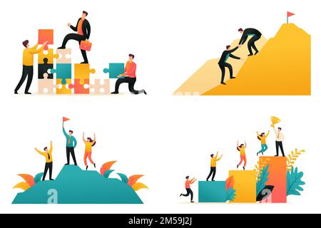 Flat 2D illustration on the topic of achieving success as a team, the path to success, teamwork. Concept for web design. Stock Vector