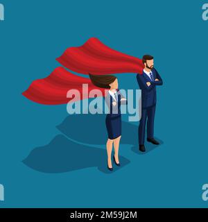 Isometric people person, 3d Superman business, Business under protection, businessman and business woman with cloaks isolated on blue background. Stock Vector