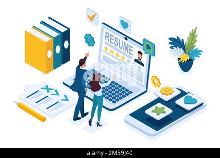 Isometric HR Manager, Service to find employees, managers consider candidates, applicants. Concept for web design. Stock Vector