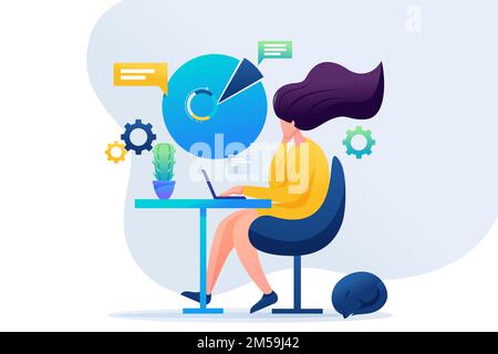 Girl working at the remote work. Work at home, freelancer. Flat 2D character. Concept for web design. Stock Vector