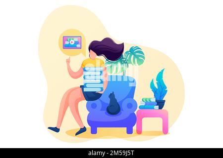 Girl at Home schooling during the pandemic, online training. Flat 2D character. Concept for web design. Stock Vector