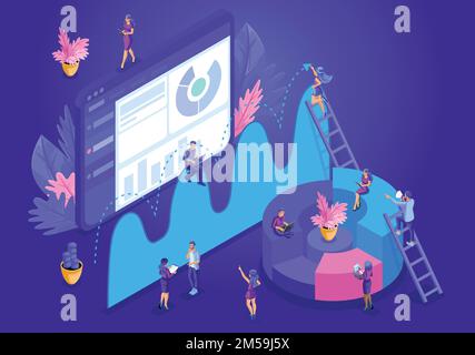 Isometric design concept for landing page. Data analysis concept with characters. Vector illustration. Stock Vector