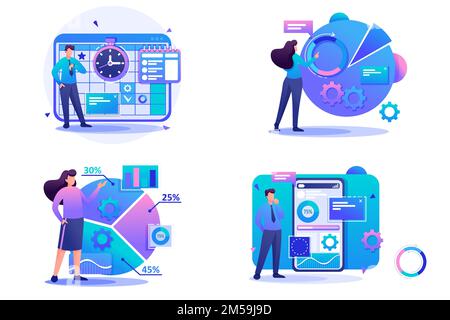 Set Flat 2D concepts financial analysis, data collection application, business planning. For Concept for web design. Stock Vector