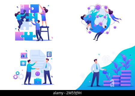 Set Flat 2D concepts teamwork, investment and growth, business agreement. For Concept for web design. Stock Vector