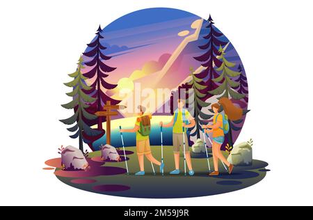 Bright illustration of a campsite, young people walking in the woods. Flat 2D characters. Concept for web design. Stock Vector