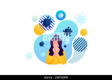 Stop the virus. The girl suffers from a runny nose, cold, flu. Bacteria are flying around. Flat 2D character. Concept for web design. Stock Vector