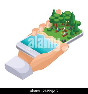 Isometric concept of outdoor recreation, shore of the lake, friends vacation on weekends, bbq, nature, forest, bonfire. Stock Vector
