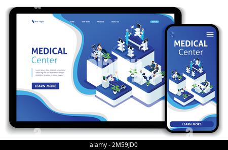 Template Website Isometric Landing page concept Doctor diagnosing patient in a hospital. Medical Center. Easy to edit and customize, Responsive. Stock Vector