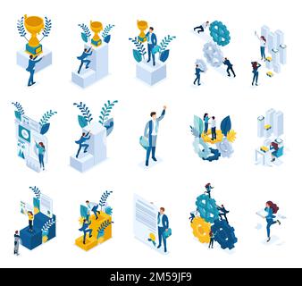 Isometric concepts of goal achievement, winner, win, office worker. For website and mobile application design. Stock Vector